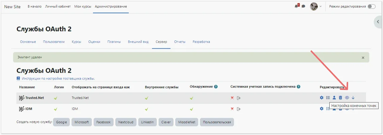 Кнопка перехода к настройкам конечных точек