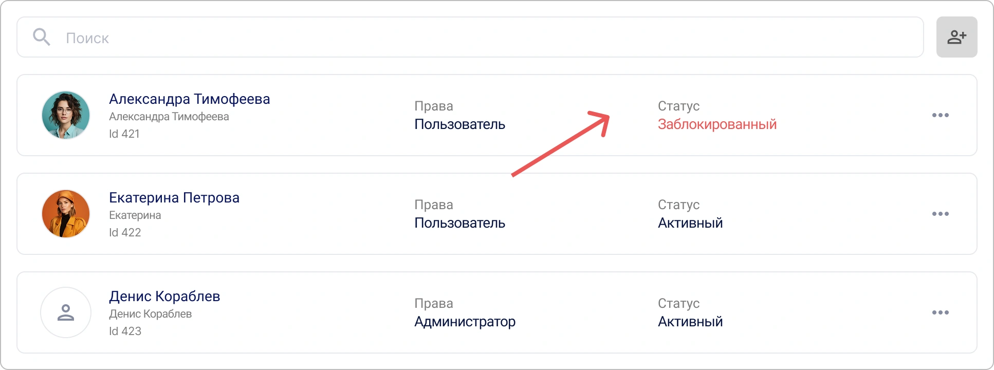 Статус заблокированного пользователя в списке пользователей КриптоАРМ ID