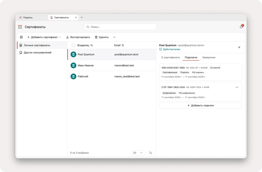 Раздел сертификатов OpenPGP с постквантовыми ключами