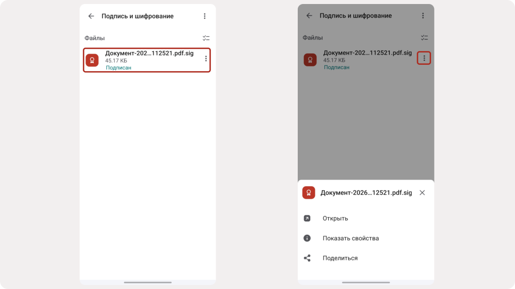 Окно результатов операций в КриптоАРМ Mobile